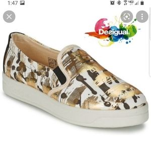 Desigual Terrenal Gold Graffiti Slip On Van-type Sneakers Size 38